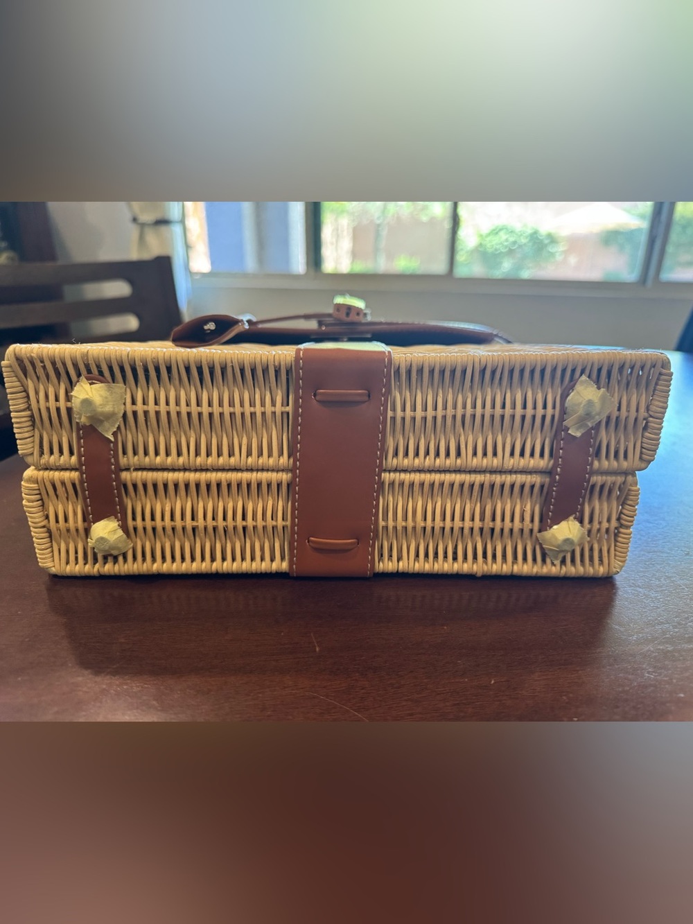 Woven Rattan Picnic Top-Handle Bag with Brown Leather Trim - Picture 4 of 7